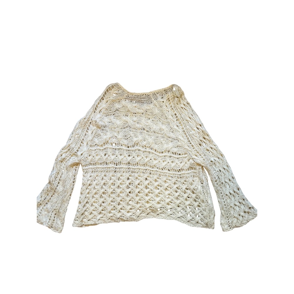 Free People Cream Cable Knit Sweater Ivory Boho Bell Sleeve Scoop Neck - Picture 6 of 10